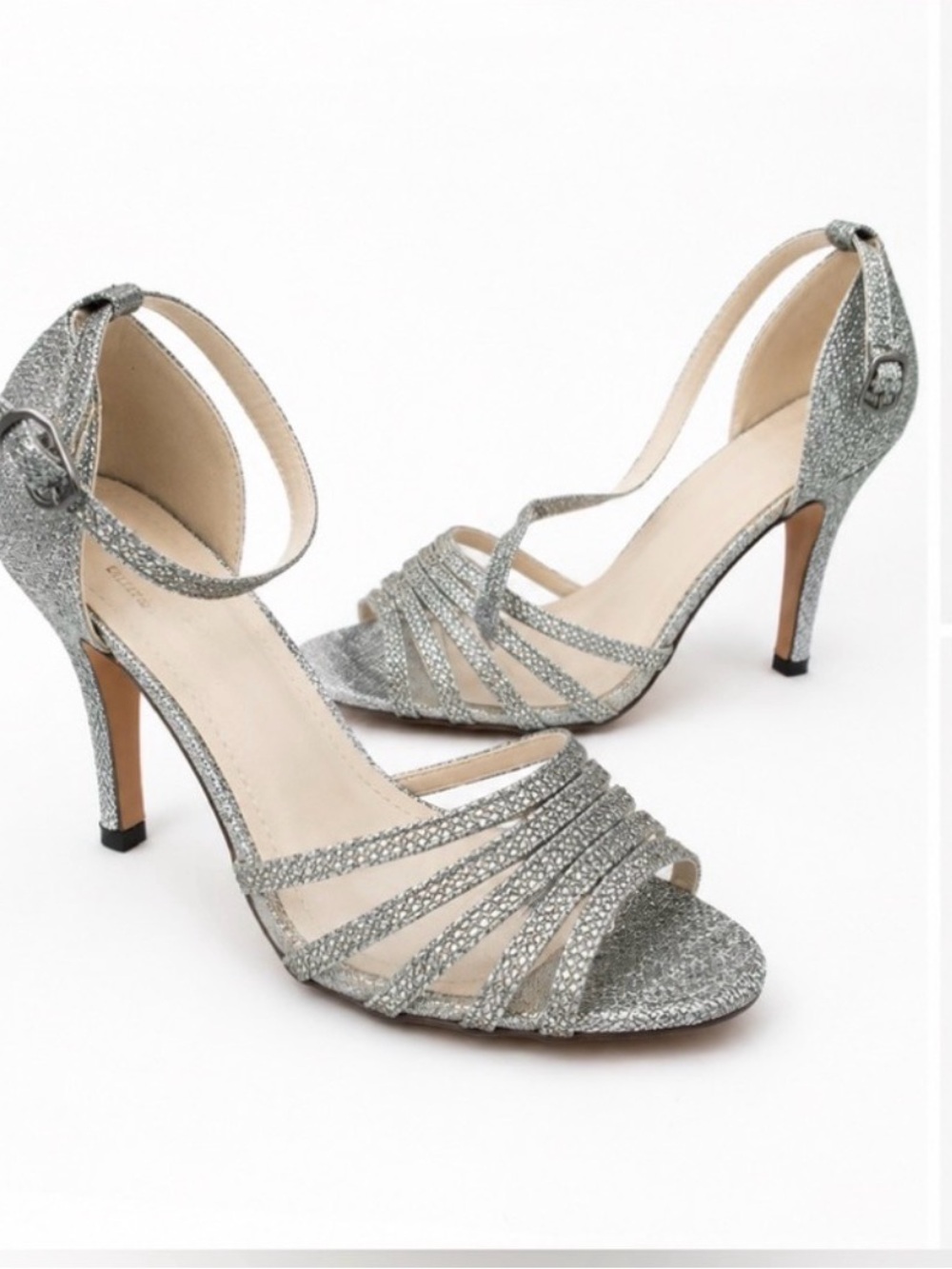NWOT David's Bridal Silver Glitter Strappy Ankle-Heel Sandals